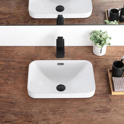 Bathroom Vessel Sink 18.2'' x 13.3'' Small Semi Recessed Bathroom Sink Rectangular Drop In Sink with Overflow White Ceramic Modern Vessel Sinks for Bathroom
