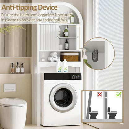 Spurgehom Arch Over The Toilet Storage Cabinet, Bathroom Organizer (White) | Freestanding Bathroom Shelf Equipped with Anti-Tipping Device, Space-Saving Vertical Toiletries Storage Cabinet