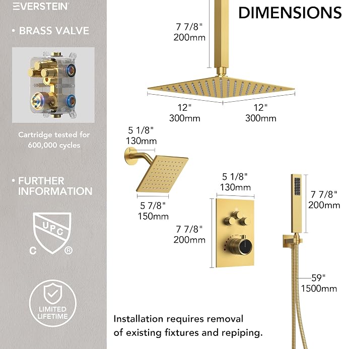 Ceiling Mount 12" High-Pressure Rainfall Shower Faucet, Dual Rainfall Shower Head System with Valve (Brushed Gold)