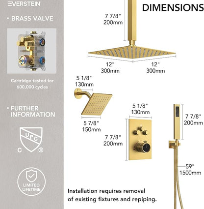Ceiling Mount 12" High-Pressure Rainfall Shower Faucet, Dual Rainfall Shower Head System with Valve (Brushed Gold)