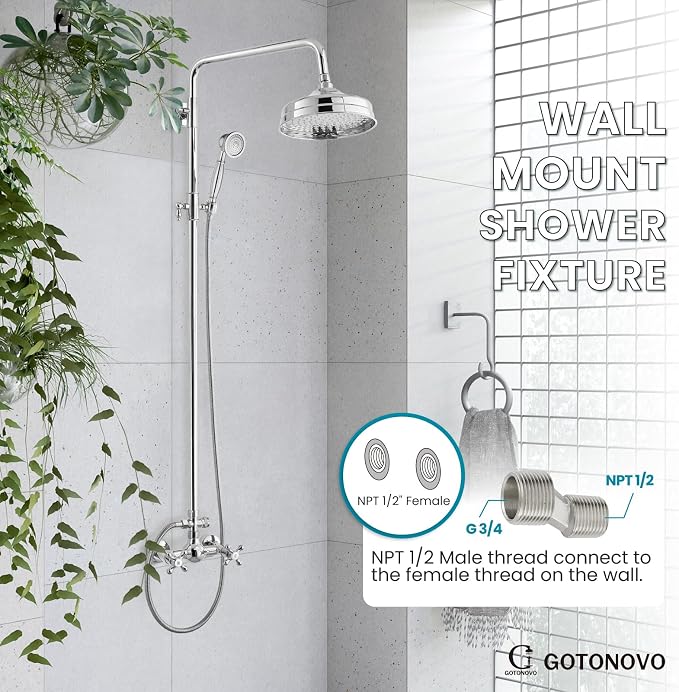 gotonovo Exposed Shower System Wall Mount,Polish Chrome,Metal Handheld | 8” Rain Shower Head Faucet Set Fixtures,2 Function,Two Cross Handle,Height Adjustable,for 5-6.7" Hole,Indoor Victorian Retro