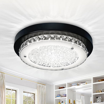 Flush Mount Ceiling Light Fixture 11 Inch Black LED Dimmable Ceiling Lights K9 Crystal Round Light Fixtures Ceiling Mount for Bedroom Bathroom Kitchen