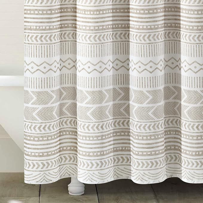 Lush Decor Hygge Geo Shower Curtain, 72" W x 72" L, Taupe/White - Curtain For Bathroom - Striped Bathroom Decor - Netural Color Home Accessories - White Home Accessories - Geometric Scandinavian Print