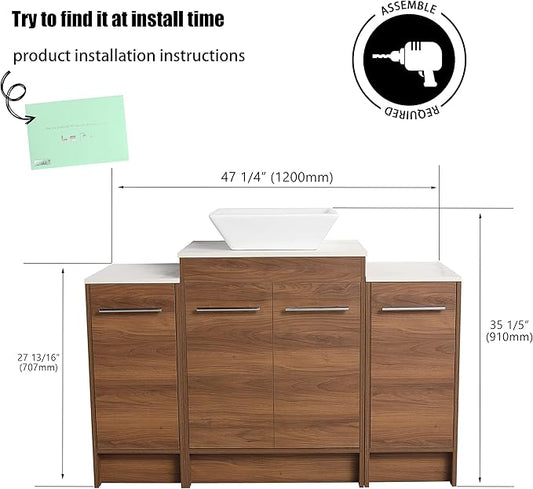 48" Bathroom Vanity, 48" Inch Freestanding Vanity with Ceramic Vessel Sink, Modern Single Sink Bathroom Vanity Combo, Brown Floor Stand Storage Cabinet Set with Soft-Closing Doors(BRE101, 48 * 18)
