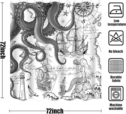 Fungarth Black Gray Nautical Octopus Shower Curtain Grey Mermaid Funny Ocean Kraken Shower Curtains for Bathroom Cool Anchor Coastal Map Waterproof Fabric Bath Curtain with Hooks (Gray, 72” x 72”)