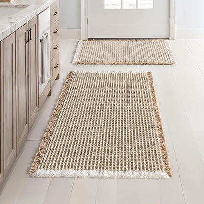 MIULEE Set of 2 Waffle Bathroom Rugs Brown&White Bath Mat 17"x24"+18"x30" | Non Slip, Super Absorbent, Washable, Ultra Soft, Rubber Backed, Small, Beige Boho Bath Rugs for Bathroom Floor Tub Shower