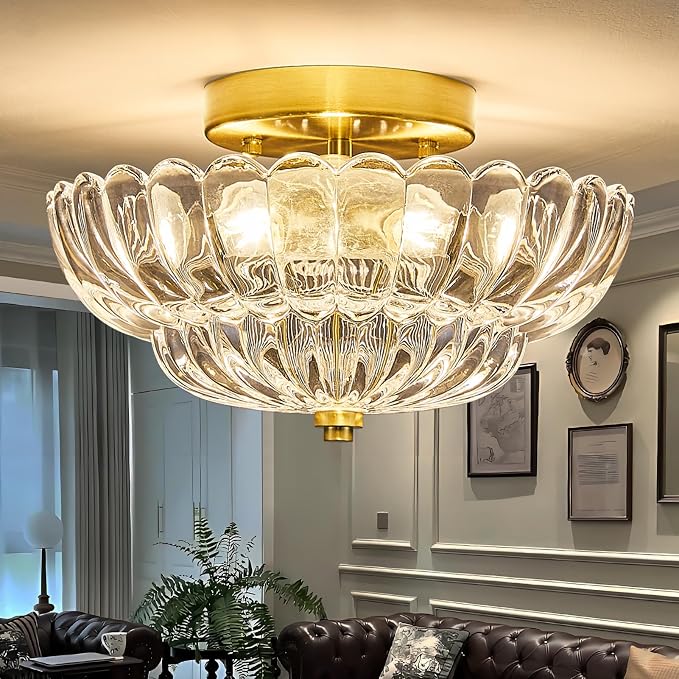 Clear Glass Semi Flush Mount Ceiling Light Fixture,11.8 in,3-Lights | Flower Shape,Round Gold Base,Use E26 Bulb,Support Dimmable,for Hallway,Bedroom,Bathroom,Foyer,Closet,Entryway,Laundry Room