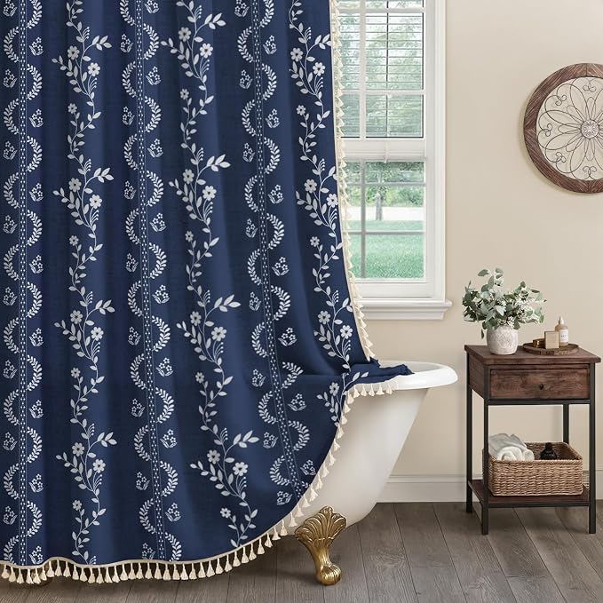 Vintage Boho Blue Shower Curtain, Floral Linen Patterned Shower Curtains for Bathroom with Tassels, 72 x 72
