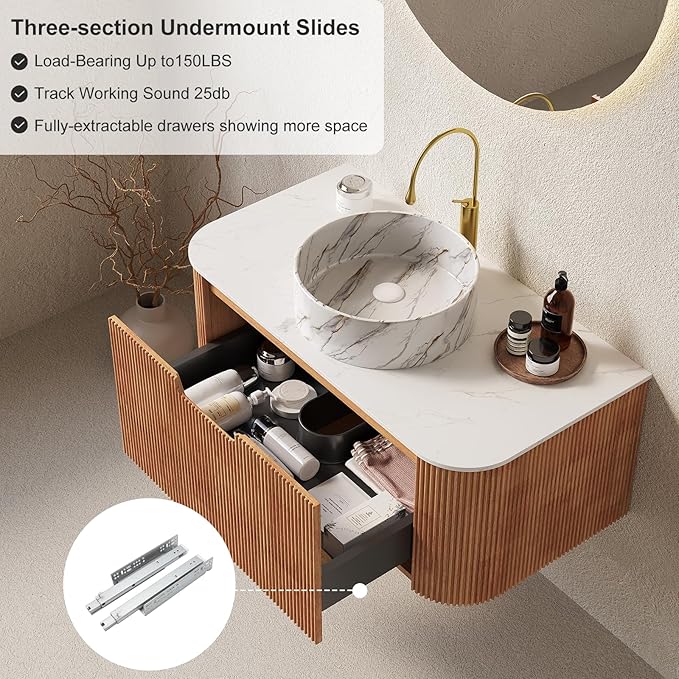 36" Bathroom Vanity with Sink, Floating Cabinet with Ultra-Thin Ceramic Basin and Marble Countertop, Large Storage Drawer, Soft-Close Design, No Assembly Required, Nature Wood