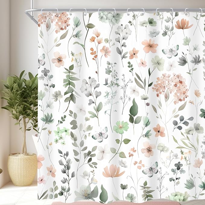 Extra Long Green Pink Floral Cute Wildflower Bathroom Shower Curtain Set | 72"W x 84"H Watercolor Boho; waterproof HD print, quick-dry fabric and plastic hooks for easy setup.