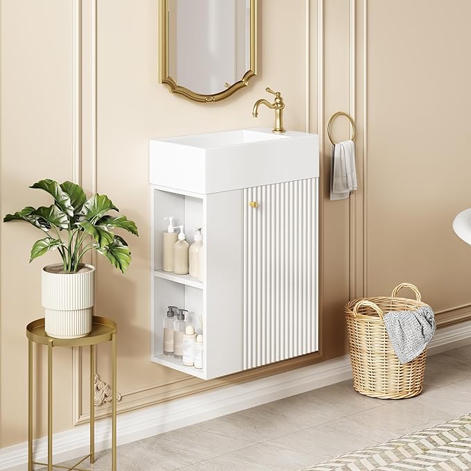 Merax 18.5" White Bathroom Vanity, Wall Mounted Floating Vanity with Doors & Open Shelf, Bathroom Storage Cabinet with White Ceramic Integrated Sink