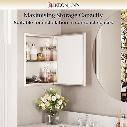 Keonjinn Small Medicine Cabinet Mirror 14" x 18", Assembly Needed, Brushed Nickel Medicine Cabinet with Mirror, Beveled Framed, Stepless Adjustable Shelf, One Shelf Only, Wall-Mounted or Recessed