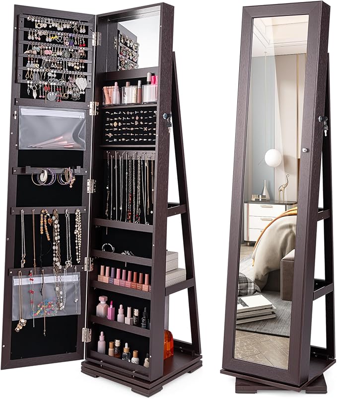 COSTWAY 360 Rotating Jewelry Armoire Cabinet, Standing Jewelry Organizer w/Full-Length Mirror & Large Storage Space, Lockable Mirror Jewelry Cabinet for Girls Women (Espresso)