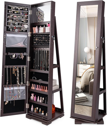 COSTWAY 360 Rotating Jewelry Armoire Cabinet, Standing Jewelry Organizer w/Full-Length Mirror & Large Storage Space, Lockable Mirror Jewelry Cabinet for Girls Women (Espresso)