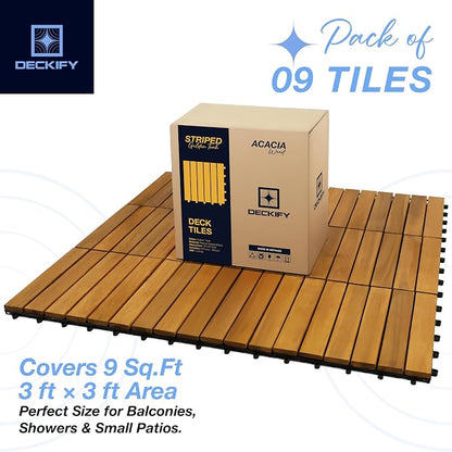 Acacia Interlocking Deck Tiles Outdoor Waterproof, Golden Teak Striped | Natural Acacia Wood, Raised Base Drainage, Non-Slip Grip, 490 lb Capacity, Oil-Rubbed Finish,Easy Clean,Tool-Free