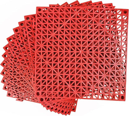 Modular Interlocking Cushion 12 Pack 11.8" x 11.8" Rubber Floor Tiles Non-Slip Splicing Drainage Mats for Deck, Pool, Outdoor Shower, Patio, Balcony, Indoor Bathroom, Kitchen, Yard (Red)