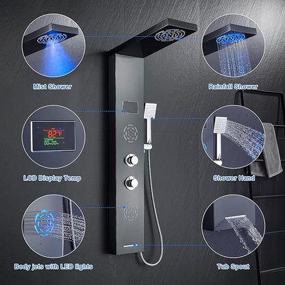 POPFLY Shower Panel Tower System with LED MIST & RAIN Shower Head, 2 Body Jets with LED, Tub Spout and Temperature Display, Water Powered Led Shower Tower Column Stainless Steel, Black