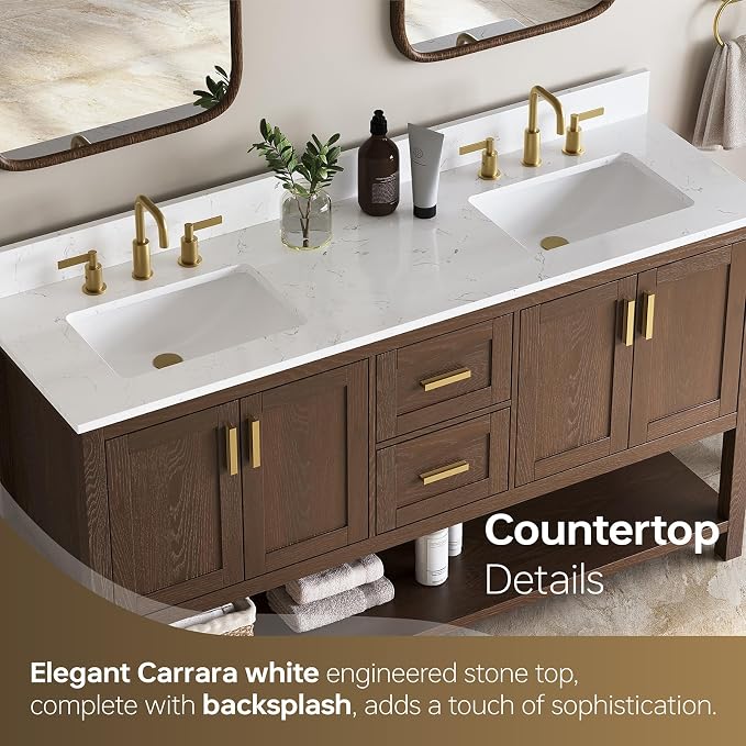 60 Inch Bathroom Vanity with Double Sink, Walnut | Farmhouse Bathroom Vanity with 2 Dovetail Drawers & Open Shelf, Engineered Stone Countertop with Backsplash, Fully Assembled