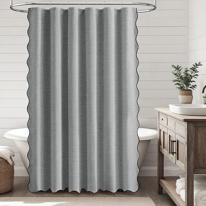 BTTN Long Shower Curtain, 80 Inch Boho Scalloped Linen Textured Heavy Duty Fabric Shower Curtain Set with 12 Hooks, Large Neutral Rustic Modern Waterproof Shower Curtains for Bathtub, 72×80, Grey/Gray