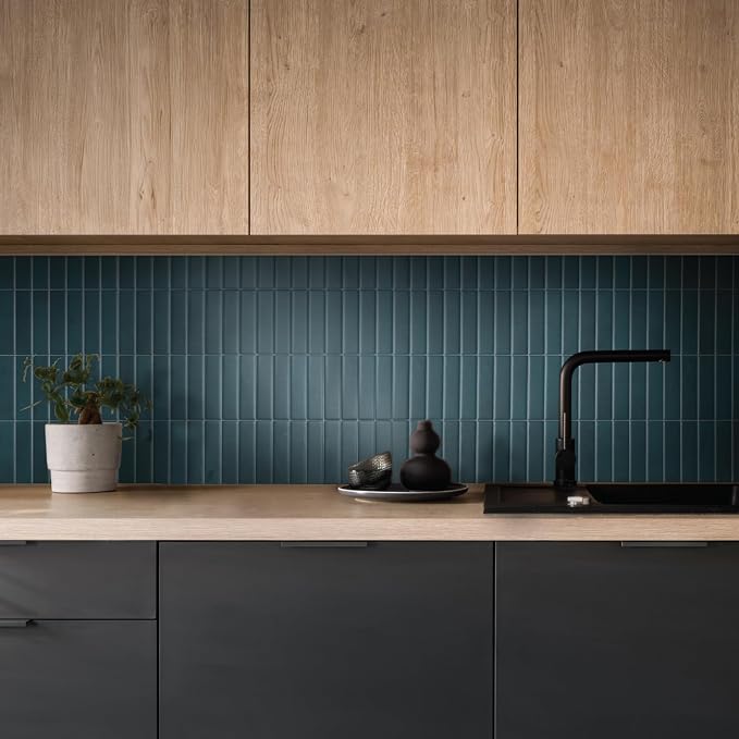 Smart Tiles Peel and Stick backsplash, Stacked Deep Teal, 11.43"x9" | Pack of 5 (3.5 sq ft), Matte, Heat/Moisture Resistant, Low VOC, Kitchen/Bathroom, Renter Friendly, Made in Canada