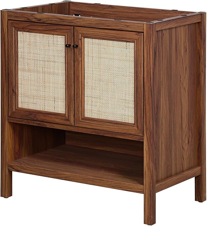 JONATHAN Y VAN1024B Jasper 30 in. W x 18 in. D x 33 in. H Rattan Modern Coastal 2-Shelf Bathroom Vanity Cabinet Only with Soft Closing Doors (Sink Basin Not Included), Walnut