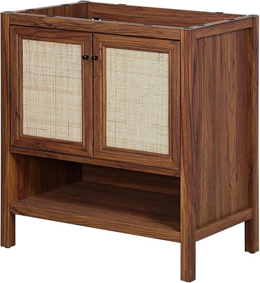 JONATHAN Y VAN1024B Jasper 30 in. W x 18 in. D x 33 in. H Rattan Modern Coastal 2-Shelf Bathroom Vanity Cabinet Only with Soft Closing Doors (Sink Basin Not Included), Walnut