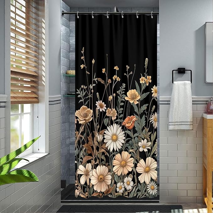Vintage Boho Floral Shower Curtain, Cute Retro Bohemian Flower Botanical Aesthetic Decorative Shower Curtain Set with Hooks, Unique Dark Wildflower Rustic Farmhouse Shower Curtains for Bathroom 36X72