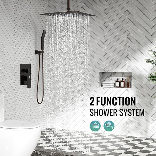 SR SUN RISE 16 Inches Oil Rubbed Bronze Shower Faucets Sets Complete Bathroom Rain Mixer Shower System Ceiling Mounted Rainfall Shower Head System (Contain Shower Faucet Rough-In Valve Body and Trim)