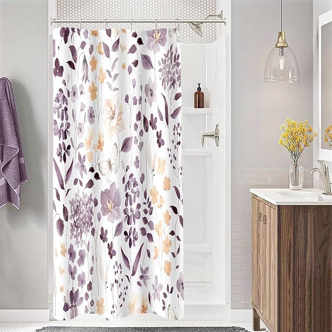 Small Stall Shower Curtain 36 x 72 Inch, Half Narrow Plum Floral Shower Curtains for Bathroom, Watercolor Flower Butterfly Fabric Shower Curtain Set with Hooks