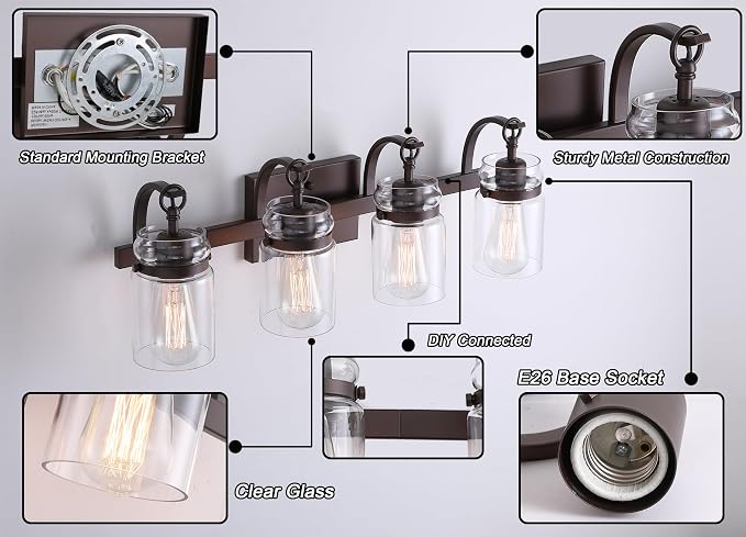 4 Light Bathroom Vanity Light, Oil Rubbed Bronze Bathroom Light Fixtures Over Mirror, Farmhouse Vanity Light with Clear Glass Shade