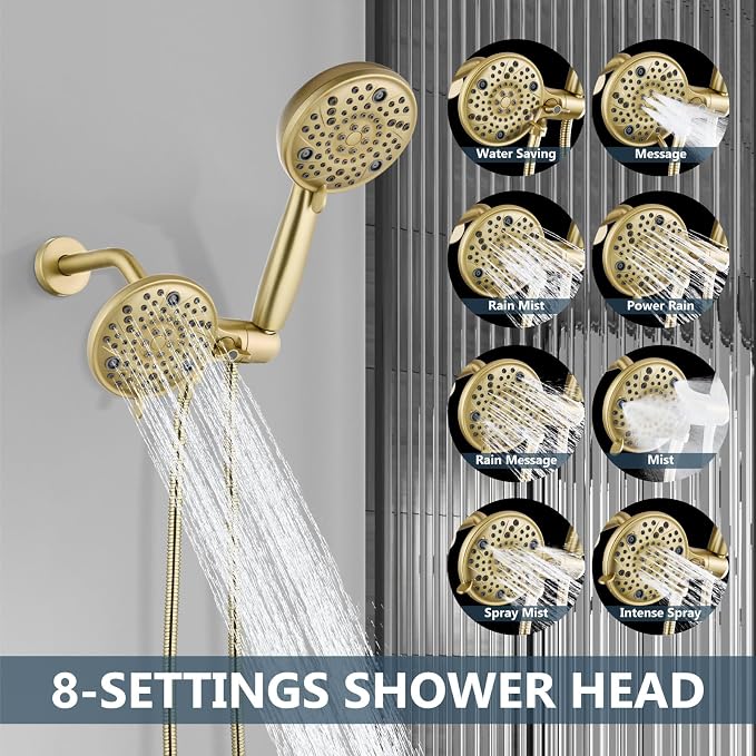 Aolemi Tub Shower Faucet Set Dual 8 Mode Head Valve Kit Brushed Gold | Valve and Trim Kit, ABS Shower Head and Handheld System, Bathroom Bath Tub Spout 6.3",SUS304,Single Handle