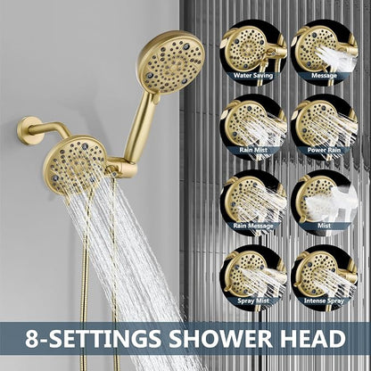 Aolemi Tub Shower Faucet Set Dual 8 Mode Head Valve Kit Brushed Gold | Valve and Trim Kit, ABS Shower Head and Handheld System, Bathroom Bath Tub Spout 6.3",SUS304,Single Handle