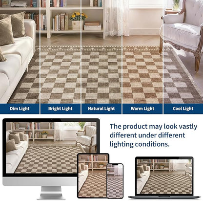 Garvee Washable Runner Rug 2x6 Checkered Non Slip Kitchen Rugs, Brown | Brown Entryway Rug Farmhouse Soft Bathroom Rugs Low Pile Stain Resistant Carpet for Hallway Laundry Bedroom 2'x6' Brown