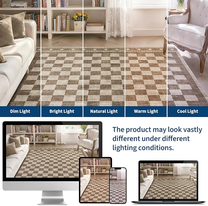 Garvee Washable 10x14 Area Rug for Bedroom Checkered Brown Non Slip | Vintage Farmhouse Living Room Rug Geometric Large Rugs Low Pile Throw Rugs Stain Resistant Carpet for Dining Room 10'x14'
