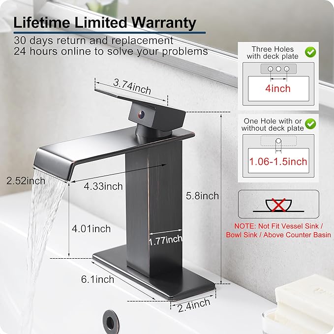 Oil Rubbed Bronze Bathroom Faucet Waterfall Faucet, Brass Single Handle Bathroom Sink Faucet 1 Hole or 3 Holes, 4 Inch Bathroom Faucets with Deck Plate & Pop-Up Drain for Farmhouse Quick Install