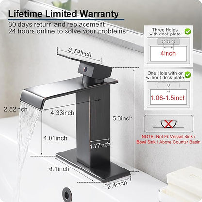 Oil Rubbed Bronze Bathroom Faucet Waterfall Faucet, Brass Single Handle Bathroom Sink Faucet 1 Hole or 3 Holes, 4 Inch Bathroom Faucets with Deck Plate & Pop-Up Drain for Farmhouse Quick Install