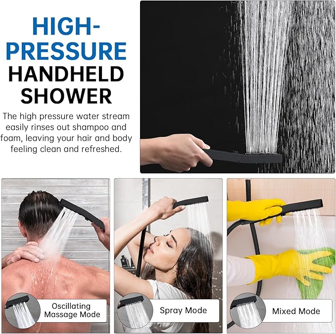 G-Promise 14 Inch All Metal Rain Shower Head with Handheld (Matte Black) | Suits Every Height, Pause Mode Diverter, Massage Mode Handheld, Full Body Coverage, Easy to Install, Modern Bath Upgrade