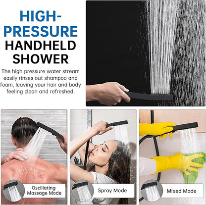 G-Promise 14 Inch All Metal Rain Shower Head with Handheld (Matte Black) | Suits Every Height, Pause Mode Diverter, Massage Mode Handheld, Full Body Coverage, Easy to Install, Modern Bath Upgrade