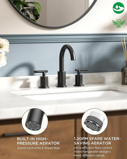 FORIOUS 2 Pack Black Bathroom Faucet 3 Hole,Commercial Widespread Faucet 8" | Wholesale 8 Inch Matte Black Bathroom Sink Faucet 3 Hole with 360° Swivel Spout, Vanity Faucet for Renovation and Upgrading