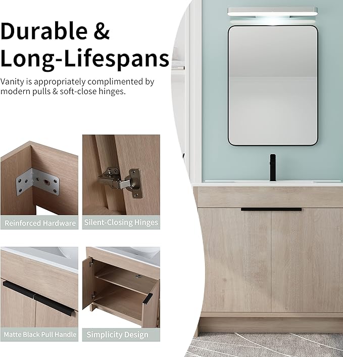 36'' Freestanding Bathroom Vanity, 36 Inch Floor Stand Bathroom Vanity with Sink, Single Ceramic Sink Cabinet Set, Modern Storage Cabinet, with Soft Closing Door, 02436PLO+9090B
