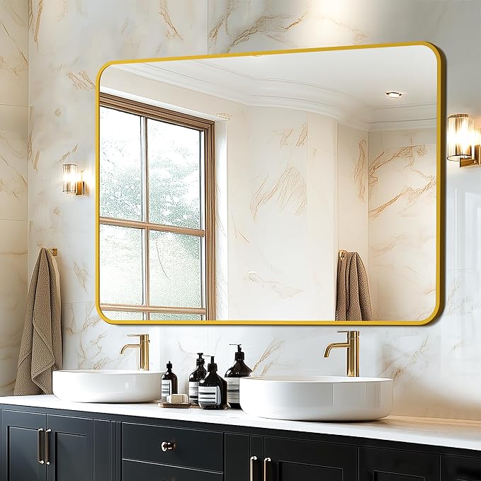 Bathroom Vanity Mirror, Gold Framed Mirror for Over Sink, 40x28 | HD glass, distortion-free for makeup and grooming, Sturdy frame, all mounting hardware, hangs horizontal or vertical