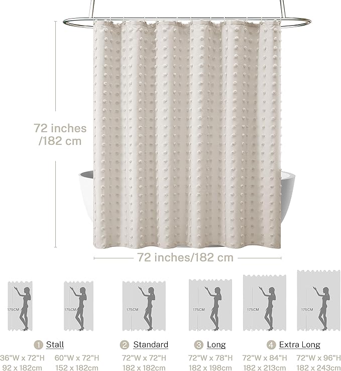 Boho Farmhouse Beige Shower Curtain, 72 x 72 Tufted Pleat Floral Puffs Textured Modern Farmhouse Minimalist Shower Curtain Set with Hooks for Bathroom