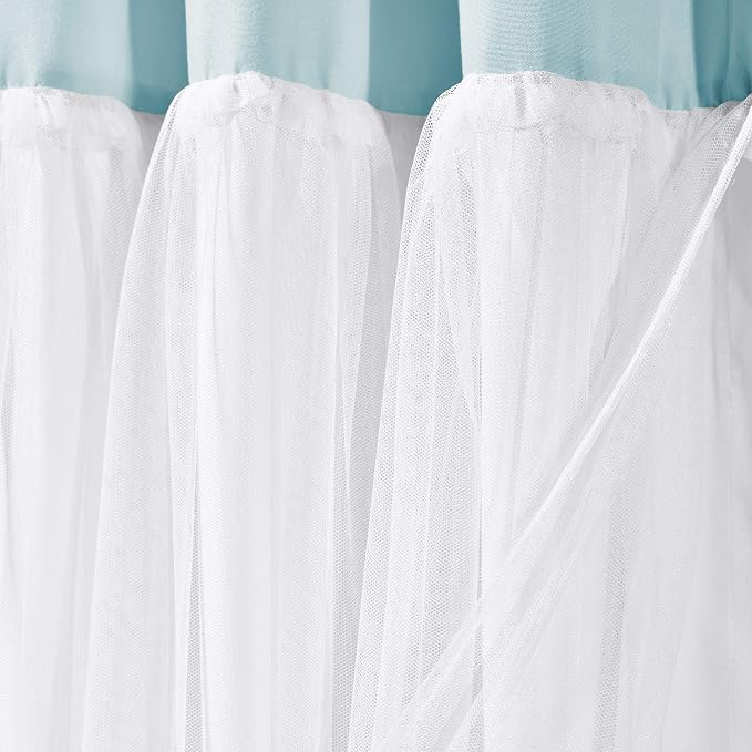 Lush Decor Tulle Skirt Colorblock Shower Curtain Single 72" W x 72" L Spa Blue & White - Fabric Shower Curtains for Bathroom - Cute Bathroom Curtain