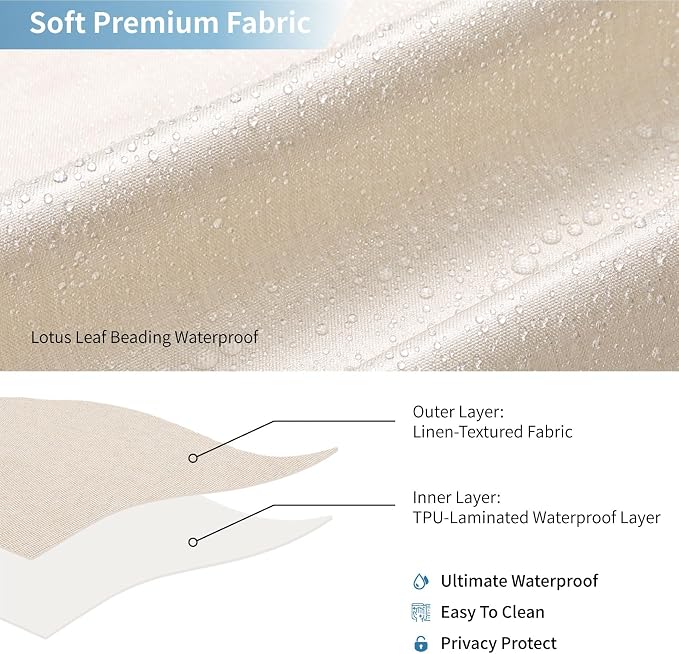 Waterproof Fabric Shower Curtain,No Liner Needed,72x72,Cream | 2-in-1 Design,Linen Textured,100% Waterproof TPU-Laminated Backing,Magnetic Weighted,Machine Washable,For Bathroom,Hotel
