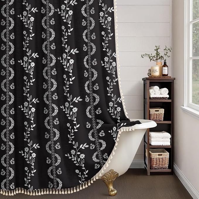 Boho Black Vintage Shower Curtain with Tassels 72 x 72 Inch | Bohemian Floral Linen Fabric Pattern Curtain Curtain For Bathroom