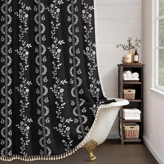 Boho Black Vintage Shower Curtain with Tassels 72 x 72 Inch | Bohemian Floral Linen Fabric Pattern Curtain Curtain For Bathroom