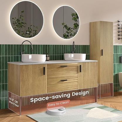 60" Bathroom Vanity with Double Sink and Side Cabinet Combo Set, Modern Double Ceramic Vessel Sink Bathroom Vanity with Soft-Close Drawers & Doors, Engineered Stone Countertop, Natural Oak