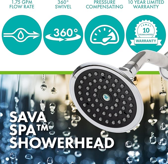 Niagara Conservation 1.5 GPM Sava Fixed-Mount Wide Spray Showerhead with 360 Degree Ball Joint Swivel, Adjustable Angle, Chrome Finish
