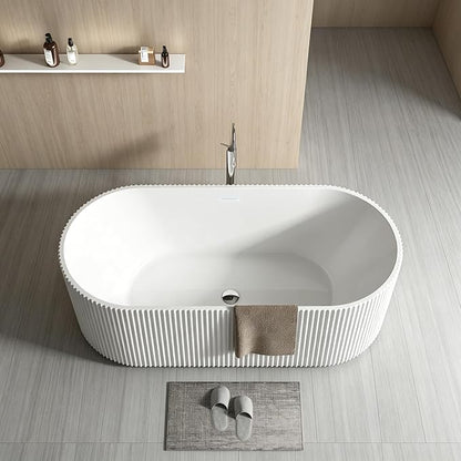 59 Inch Acrylic Freestanding Bathtub, Deep Soaking Tub with Non-Slip Base, cUPC Certified Free Standing Tub, Chrome Drain Bath Tub, Modern Tub for Bathrooms, White
