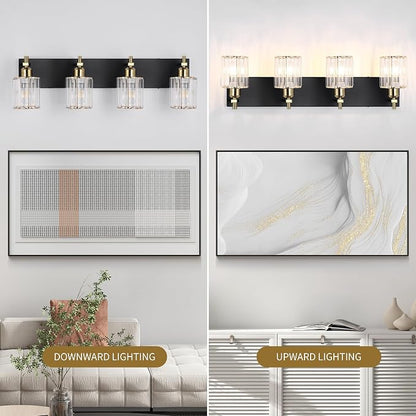 She's home 4 Light Crystal Vanity Lights for Bathroom - Black and Gold Modern Bathroom Vanity Lights Over Mirror 28 Inch, Bathroom Wall Lighting E26 Base